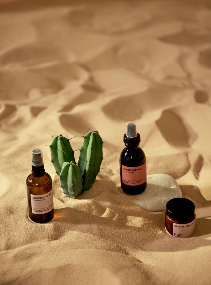 Cosmetic Products on a Beach Sand